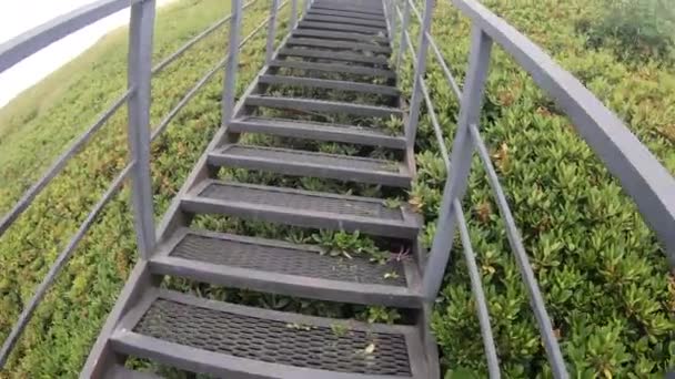 Senderismo, sendero de montaña. Subiendo las escaleras en la pendiente — Vídeo de stock