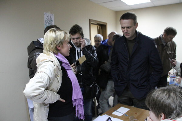 Candidate for mayor of Khimki opposition Evgeniya Chirikova communicates with the politician Alexei Navalny, who came in her campaign headquarters