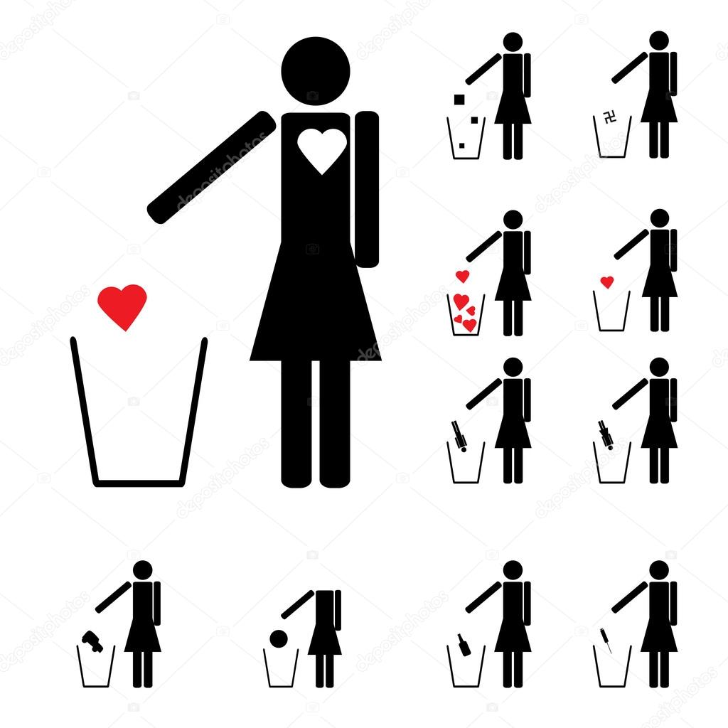 set of eleven woman figures throwing in the trash heart alcohol
