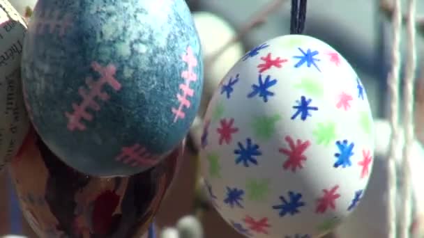 Closeup Festive background painted Easter eggs branches tree — Stock Video