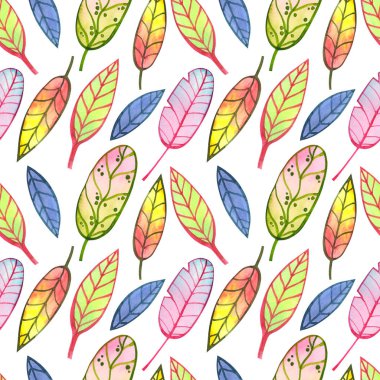 Beyaz arkaplanda farklı renk yaprakları olan kusursuz suluboya deseni