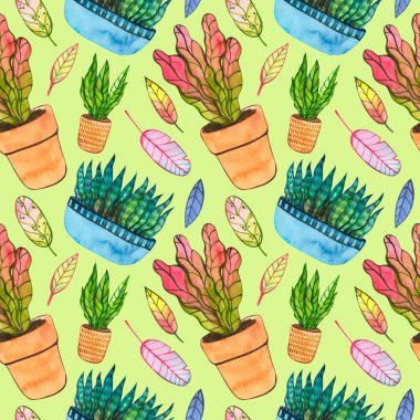 Pürüzsüz suluboya desenli parlak yeşil arka planda ev bitkileri ve renkli yapraklar.