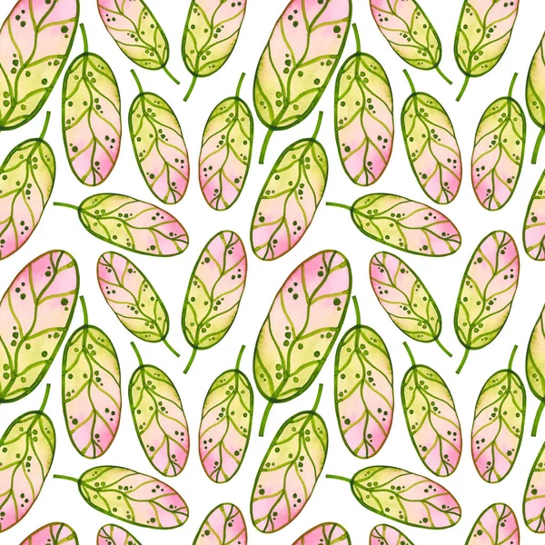 Бесшовный Акварельный Узор Листьями Градиентом Розового Зеленого Белом Фоне — стоковое фото