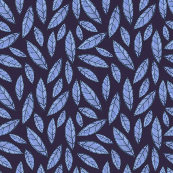 Seamless watercolor pattern with blue leaves on dark blue background