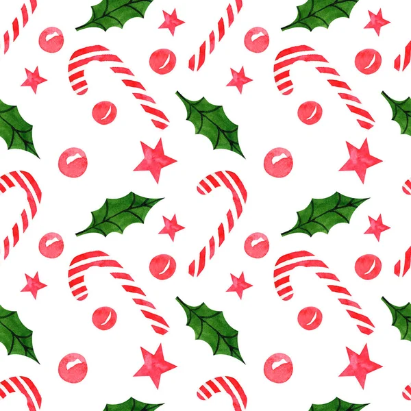 Patrón Sin Costura Acuarela Caña Caramelo Hristmas Caramelo Navidad Baya —  Fotos de Stock