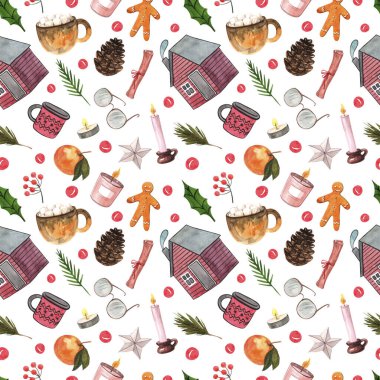 Sembolik suluboya deseni. Noel tatili baskısı. Ev, kırmızı kupa, ağaç, mandalina, kakao, mum, zencefilli adam, gözlük, yıldız, beyaz arka planda koni.