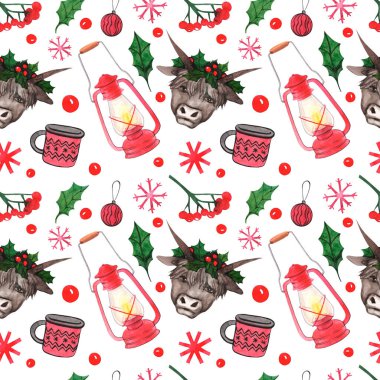 Suluboya kusursuz desen. Beyaz arka planda Noel boğaları. Boğa, kar tanesi, lamba, kırmızı bardak, yapraklar ve dut..