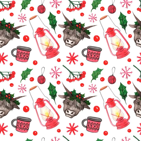 Watercolor seamless pattern. Christmas bulls on a white background. Bull, snoflake, lamp, red mug, leaves and berry.