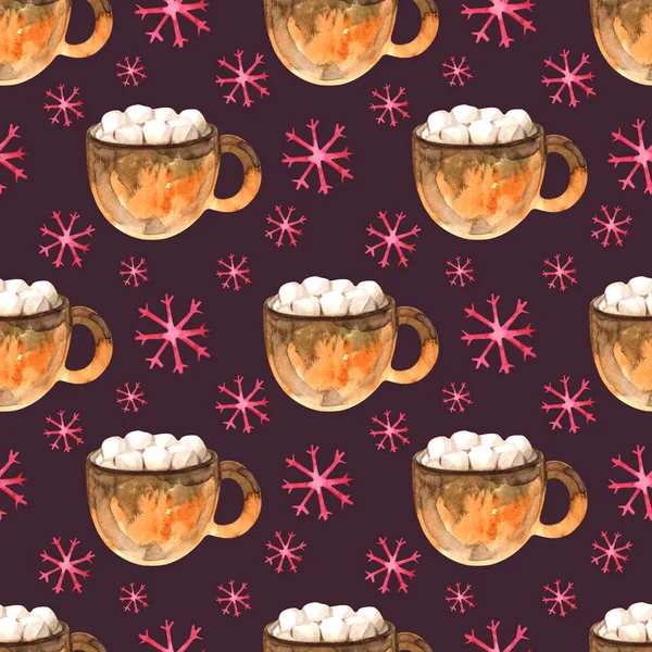 Cozy Christmas Print Watercolor Seamless Pattern Happy Holidays Cocoa Marshmallows — Stock Photo, Image