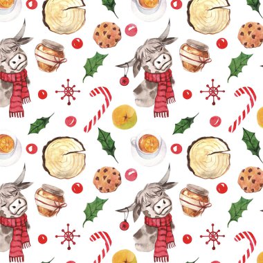 Sembolik suluboya deseni. Noel tatili baskısı. Uyku boğaları, mandalina, çay, kar taneleri, kurabiyeler, böğürtlen, şeker, kırmızı eşarp, beyaz arka planda kesilmiş testere. 2021 Sembolü