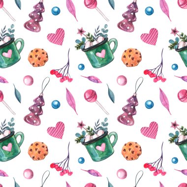Yeşil fincan kakao, kurabiye, Noel ağacı oyuncağı, böğürtlen, şeker, yaprak, pembe kalp ve şeker ile suluboya desenli..
