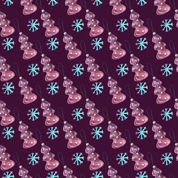 Акварель Рождественский Узор Темном Фоне Фиолетовая Рождественская Елка Голубые Снежинки — стоковое фото