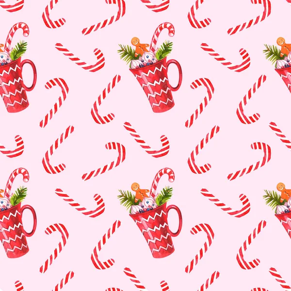 Акварельний Різдвяний Візерунок Рожевому Тлі Різдвяна Червона Чашка Какао Цукеркова — стокове фото