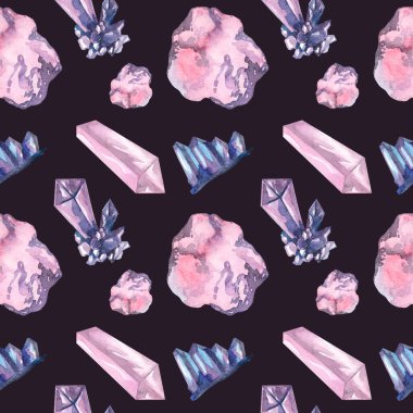 Suluboya kusursuz desen. Koyu arkaplanda kristalleri ve renkli değerli taşları olan dijital baskı. El yapımı suluboya grafikleri.