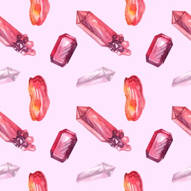 Suluboya kusursuz desen. Pembe arka planda kırmızı kristaller ve mücevherler. Parlak taşlı dijital baskı.