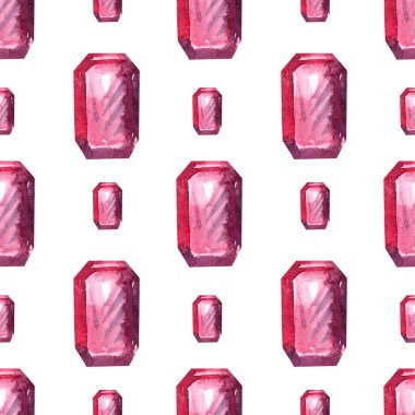 Suluboya kusursuz desen. Elle çizilmiş dijital desen. Beyaz zemin üzerinde dikdörtgen şeklinde kırmızı kristaller.