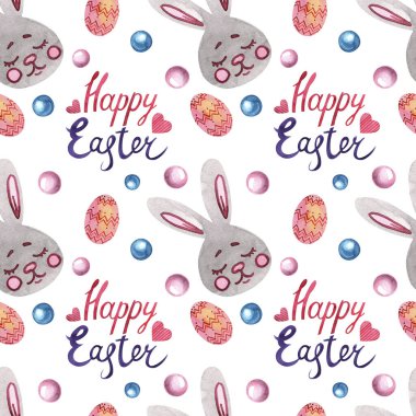 Paskalya temasında kusursuz suluboya deseni. Uyuyan tavşan, kaligrafi ve beyaz arka planda renkli toplar. Koleksiyon defteri için arkaplan.