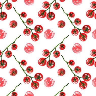 Dalında kiraz domatesleri olan kusursuz suluboya deseni. Beyaz arka planda kırmızı domatesler. Sebzelerle yazdır.