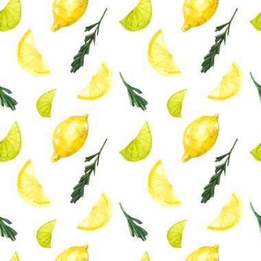 Beyaz arka planda limon ve biberiye. Limonlu ve limonlu kusursuz suluboya deseni. Mutfak için parmak izi..