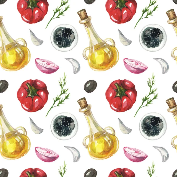 Mediterranean food on a white background. Red pepper, olive oil, garlic, onion, caviar, herbs, olives. Seamless watercolor food pattern.