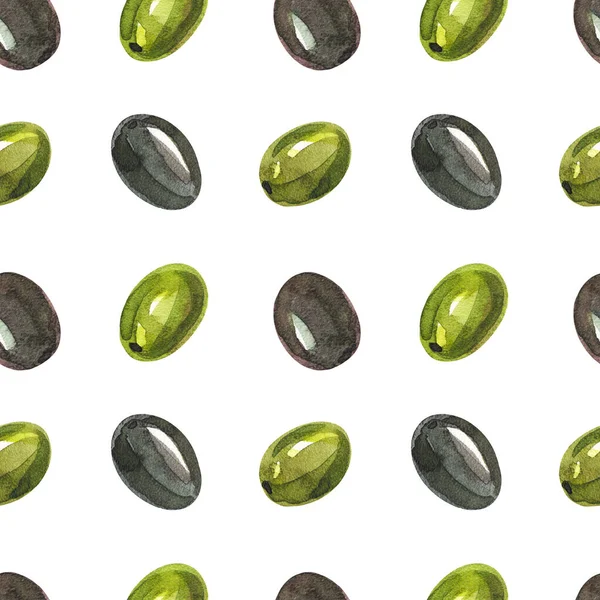 Grüne Oliven Und Schwarze Oliven Auf Weißem Hintergrund Nahtloses Aquarellmuster — Stockfoto