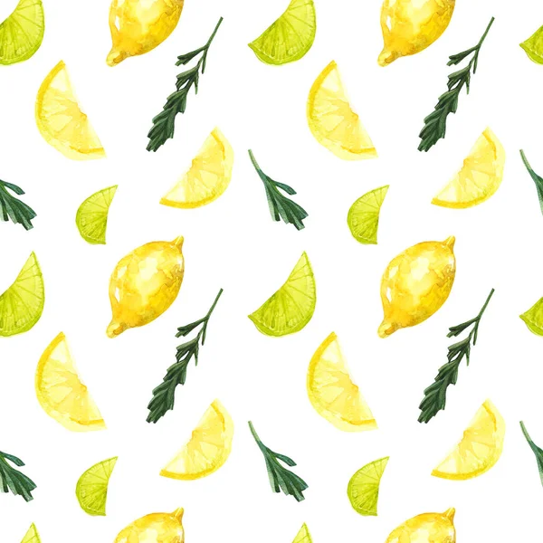 Lemons and rosemary on a white background. Seamless watercolor pattern with lime and lemon slices. Citrus print for the kitchen.