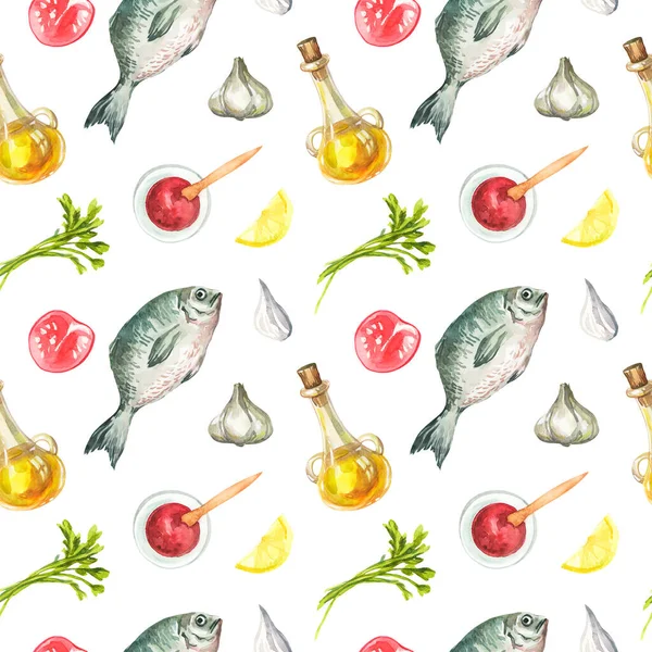Середземноморська Кухня Друк Здоровими Продуктами Безшовний Акварель Томатний Соус Риба — стокове фото