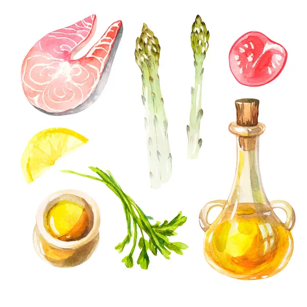 Watercolor Set Mediterranean Cuisine White Background Clipart Fresh Healthy Food — Stock Photo, Image