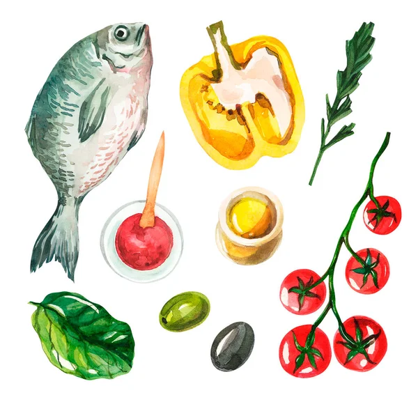 Acquerello Con Cucina Mediterranea Sfondo Bianco Pesce Fresco Peperoni Gialli — Foto Stock