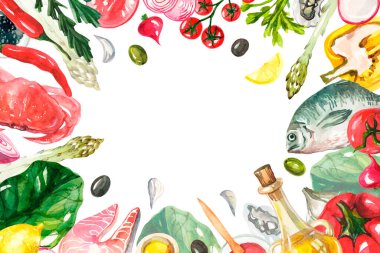 Akdeniz yemekleriyle suluboya çerçeve. Sebze ve suluboya balık. Deniz ürünleri ve sebzelerle çerçevelenmiş. İtalyan mutfağı ile ilgili bir yazı için arka plan.