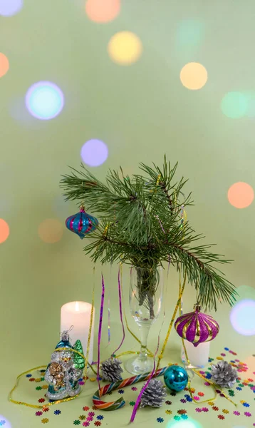 メリークリスマスと幸せな新年 カード バナー フラットレイ チラシ テキスト用の場所とグリーティングカード ボケ効果 — ストック写真