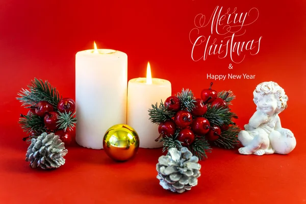 Happy New Year and Merry Christmas! card, banner, flat lay, with text - Merry Christmas,  on a red background