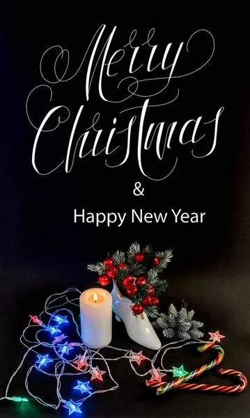 Buon Anno Buon Natale Cartoncino Striscione Lastra Piatta Con Testo — Foto Stock
