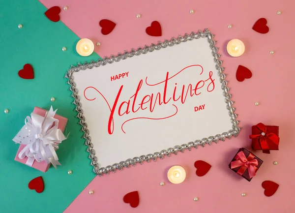 ハッピーバレンタインデー カード オンラインバナー グリーティングカード バレンタインデーのフラットレイ ピンクの背景 — ストック写真