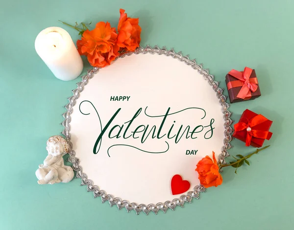 Happy Valentine Day Card Online Banner Greeting Card Flat Lay — Stock Photo, Image