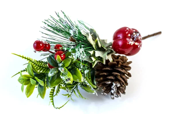 Christmas Branch Berries Cone Covered Snow Close — Stock Photo, Image