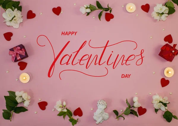 Šťastného Valentýna Karta Line Banner Blahopřání Byt Ležel Valentýna Růžovém — Stock fotografie