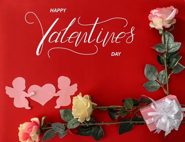 Happy Valentine Day Card Online Banner Greeting Card Flat Lay — Stock Photo, Image