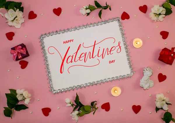 Happy Valentine Day Card Online Banner Greeting Card Flat Lay — Stock Photo, Image