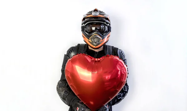 Feliz Dia Dos Namorados Motociclista Móvel Capacete Com Coração Balão — Fotografia de Stock