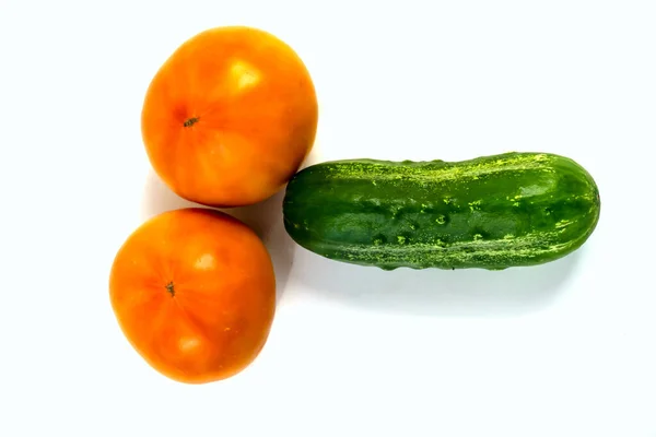 Stock Foto Closeup Yellow Orange Tomato Cucumber Isolated White Background — Stock Photo, Image