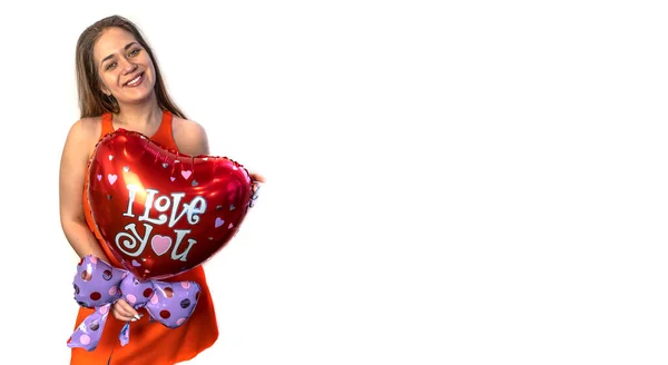 Sevgililer Günün Kutlu Olsun Kalp Şeklinde Balonu Olan Genç Bir — Stok fotoğraf