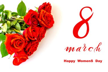8 Mart Uluslararası Kadınlar Günü! Düz Yat, afiş, 8 Mart 'tan kalma çiçekli tebrik kartı.