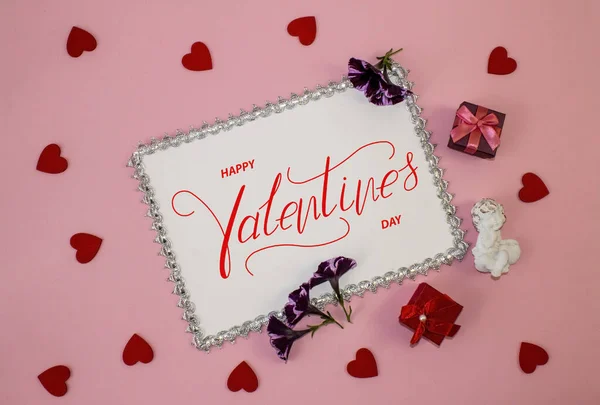 Happy Valentine Day Card Online Banner Greeting Card Flat Lay — Stock Photo, Image