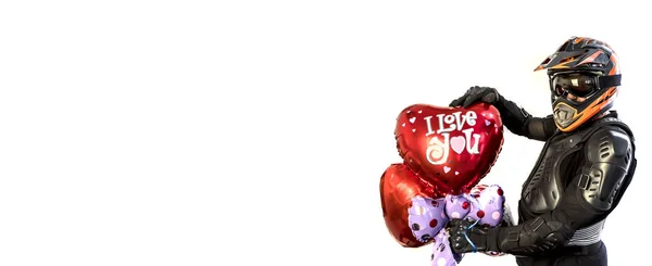 Днем Святого Валентина Мобильный Мотоциклист Шлеме Воздушным Шаром Сердца День — стоковое фото