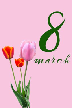 8 Mart Uluslararası Kadınlar Günü! Düz Yat, afiş, 8 Mart 'tan kalma çiçekli tebrik kartı.