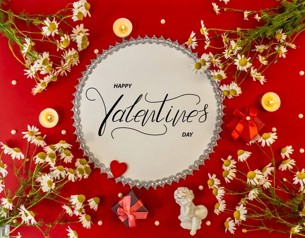 ハッピーバレンタインデー カード オンラインバナー グリーティングカード バレンタインデーにフラットレイ — ストック写真