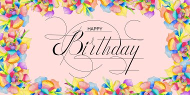 Kartpostal, internet afişi, doğum günü tebrikleriyle dolu düz uzanma, ve yazıt- mutlu yıllar