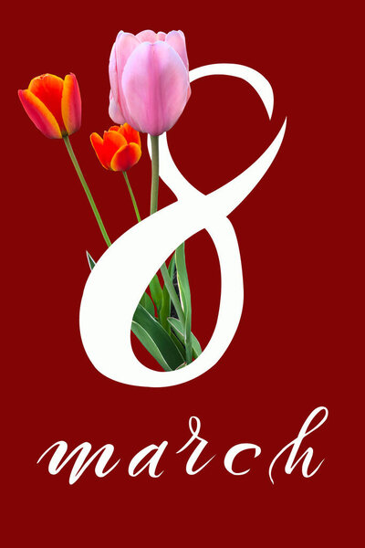International Women's Day March 8! Flat Lay, banner, greeting card with flowers from March 8.