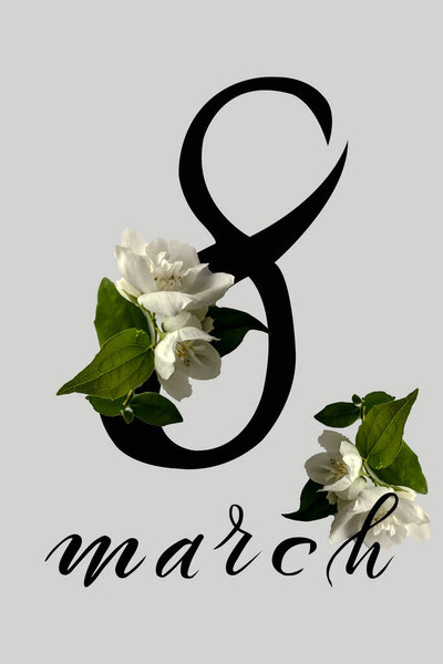 International Women's Day March 8! Flat Lay, banner, greeting card with flowers from March 8.